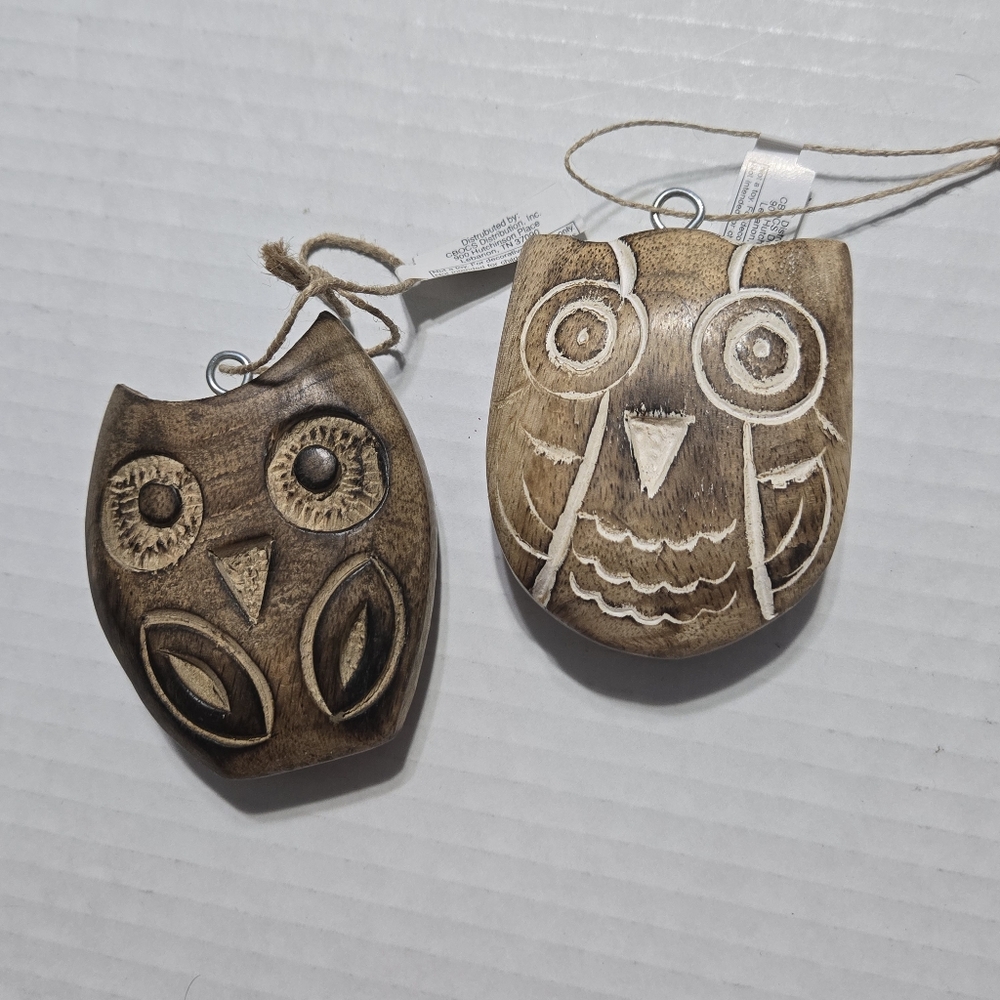 Set of 2 Wooden Owl Ornaments Wood Deco  NEW